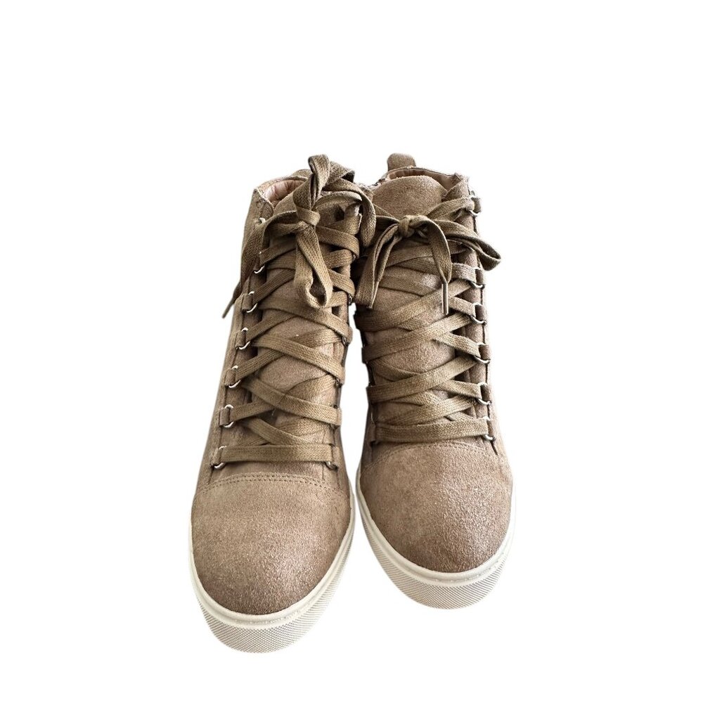 Linea Paolo Taupe Suede Wedge Sneakers With Side Zippers & Laces Size 7